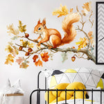 sticker mural illustration écureuil branche feuilles glands orange blanc vert marron réaliste autoadhésif chambre