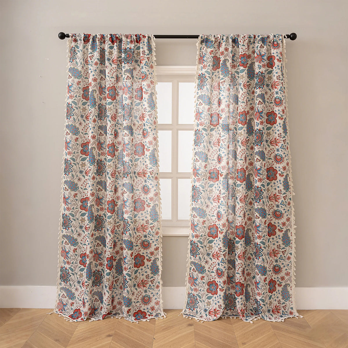 rideau fleuri polyester translucide classique franges beige rose vert bleu maison