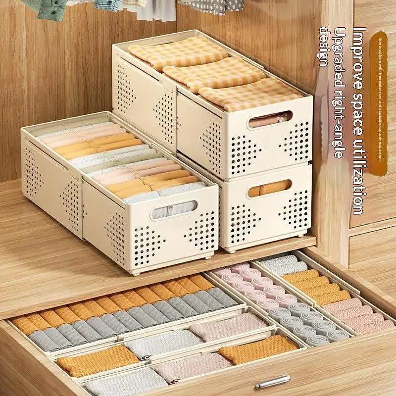 boîtes rangement rétractables perforations beige moderne poignées empilables cuisine adaptable efficace.stockage articlesformats variés