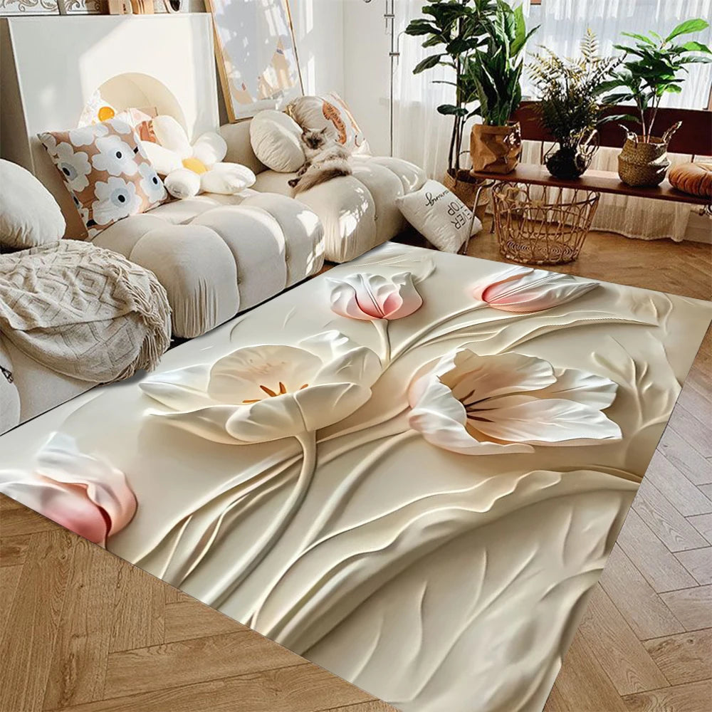 tapis moderne fleurs détaillées doré blanc salon chambre salle bain facile nettoyer polyester