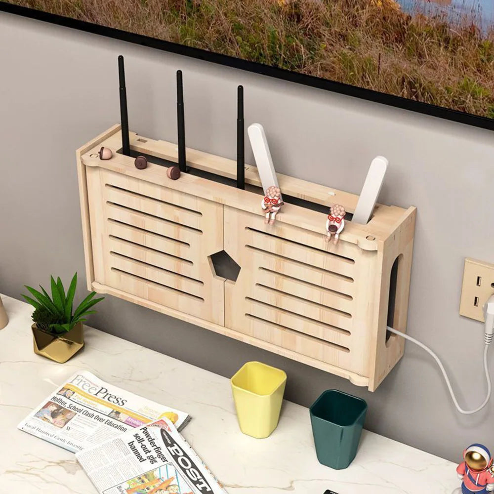 boîte rangement câbles bois clair moderne motifs wifi hexagone minimaliste éléments électriques