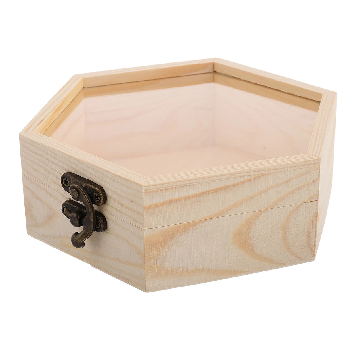 boîte hexagonale bois clair grain bois cadenas métallique classique rustique 16x16x5cm
