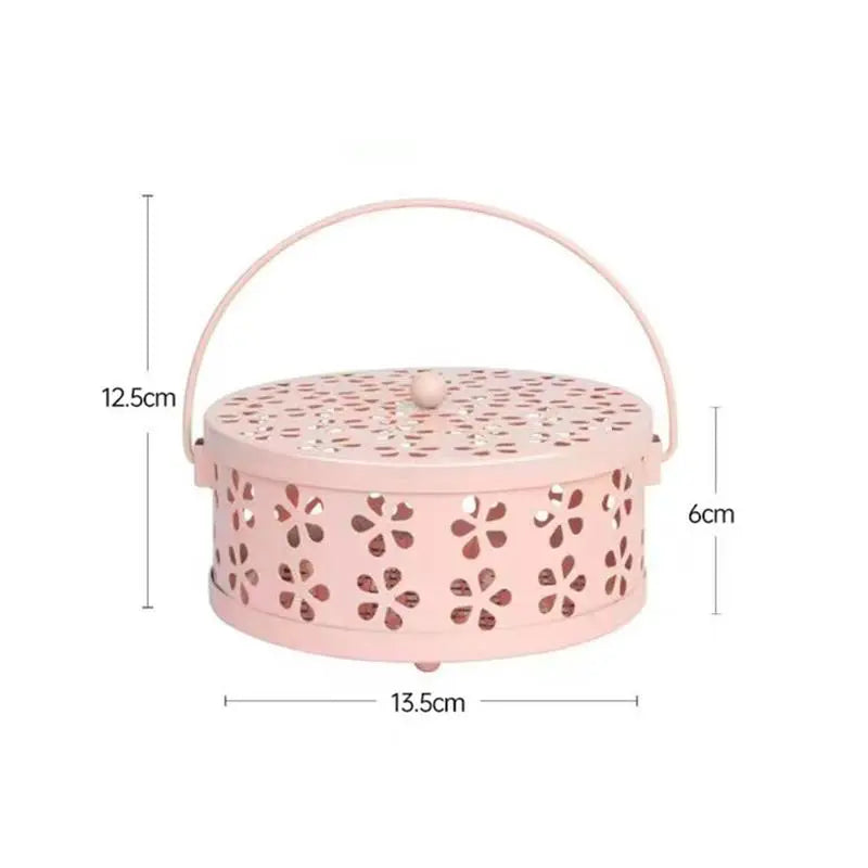 boîte bobines moustiques aromathérapie noir bleu rose pâle perforations floraux poignée métallique portable anti