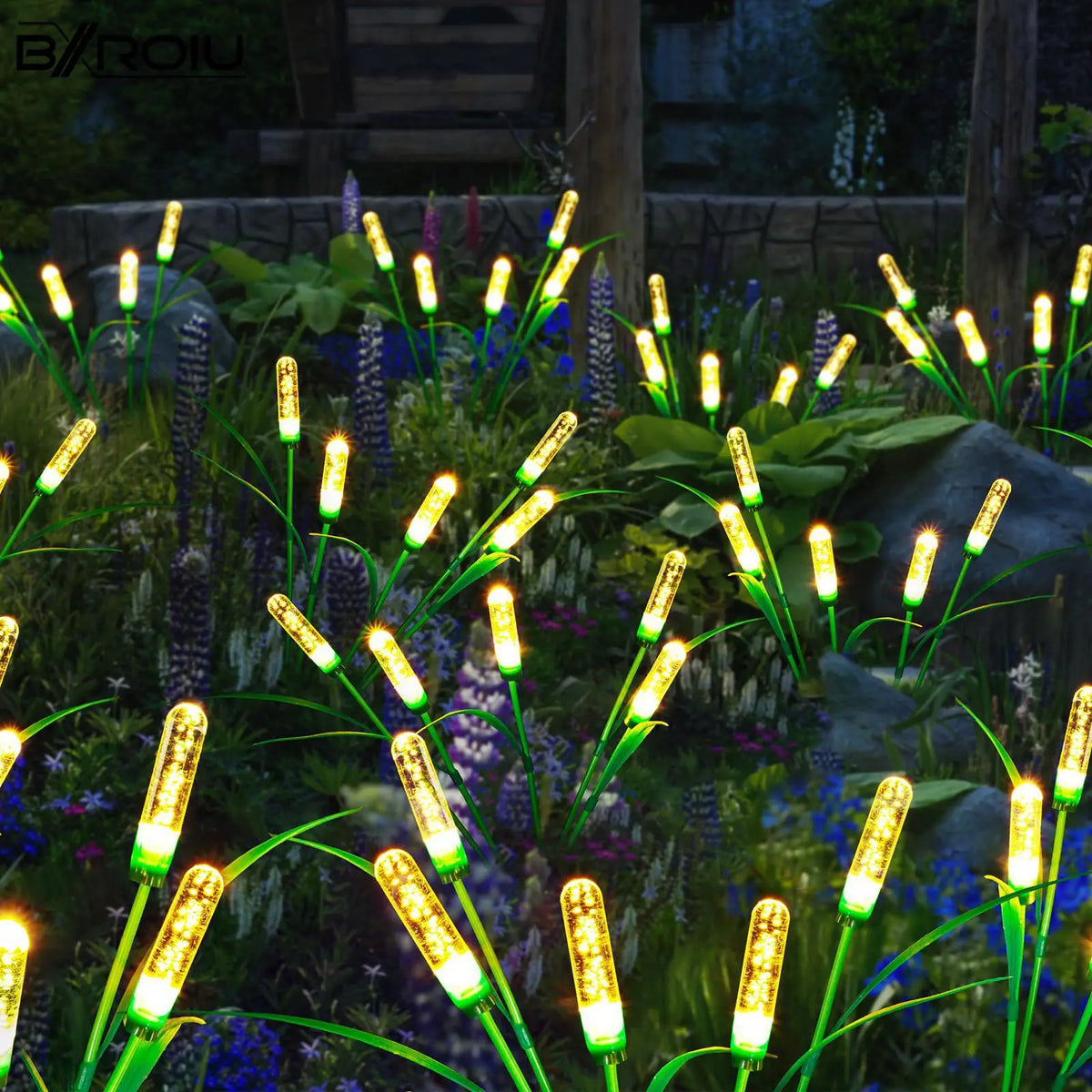 guirlande lumineuse solaire led jardin decoration exterieure moderne cones translucides vert jaune blanc