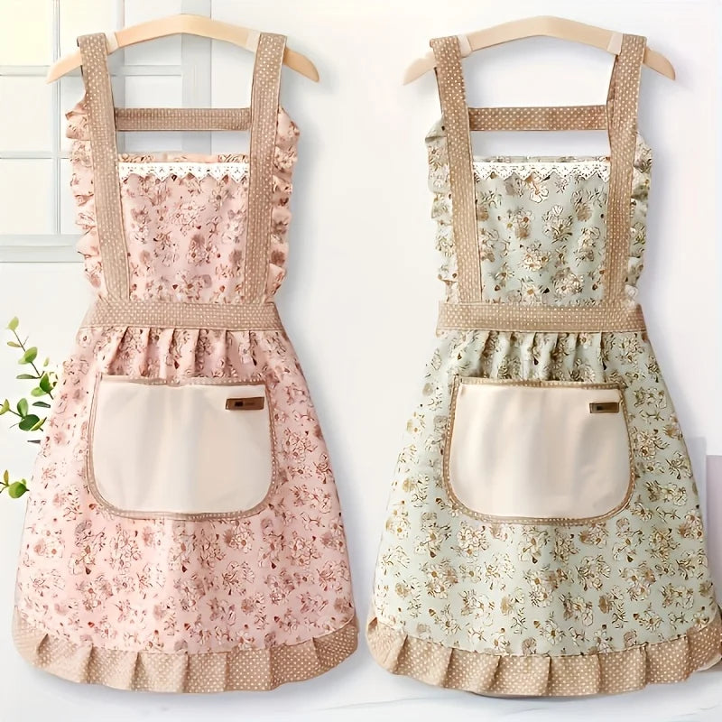 tablier cuisine rose vert pâle beige motifs floraux pois bretelles réglables poche frontale champêtre