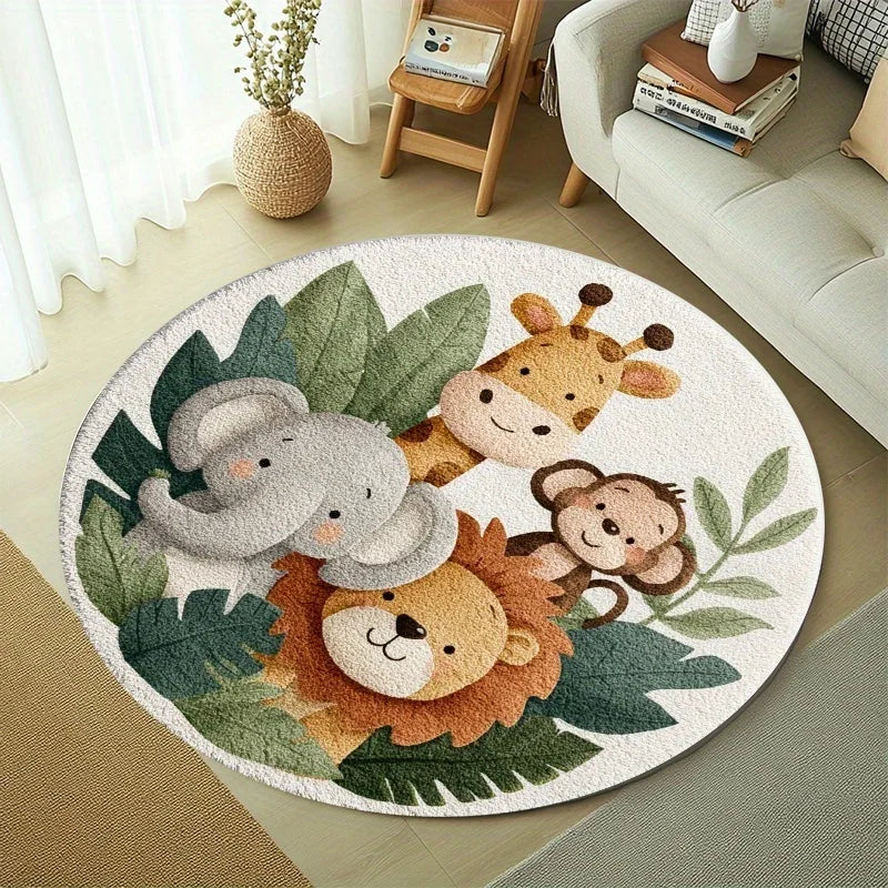 tapis animaux jungle antidérapant doux polyester blanc vert chambre enfant
