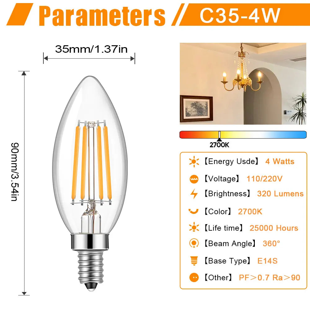 Ampoule LED filamenteuse transparente 4W E12 2700K 25000h moderne appliques suspendues