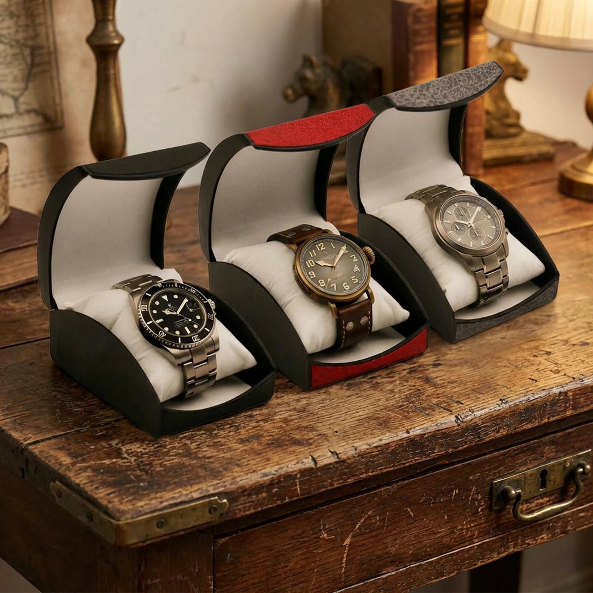 boîtes rangement montres simili cuir noir rouge blanc moderne protection sport