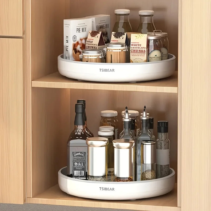 plateau tournant blanc rangement étagères moderne bouteilles pots verre épices ketchup lait boîtes mélange