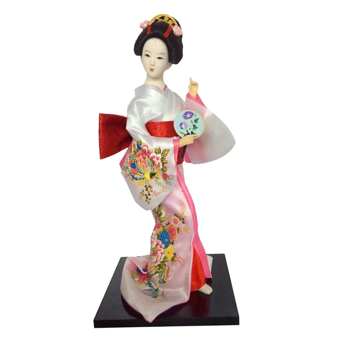 poupée japonaise geisha argile broderie florale motifs géométriques accessoires traditionnels blanc rouge vert bleu