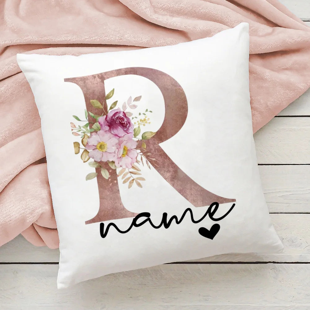 taie d'oreiller motif floral rose lettres initiales respectueux environnement moderne blanc