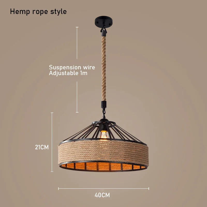 lampe suspendue industrielle corde naturelle marron clair métal structure ajustable salon chambre