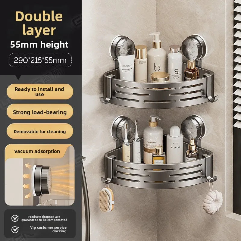 étagère salle bain gris moderne ventouse rangement bain murale ajourée crochets suction