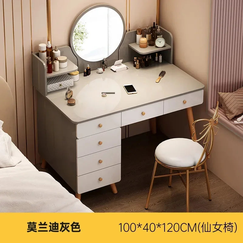 maquillage moderne tiroirs miroir plateau gris tiroirs blancs pieds bois naturel