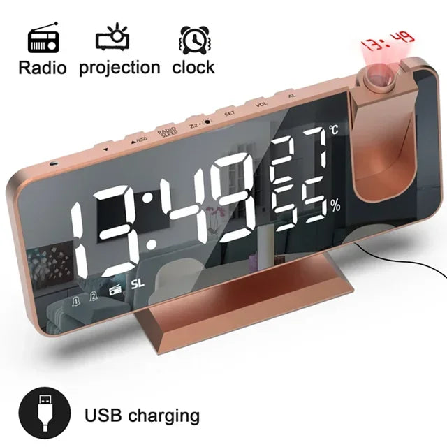 horloge multifonctionnelle or rose moderne radio double alarme projection