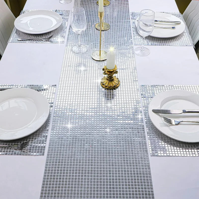 nappe festive brillante effet miroir argenté blanc table anniversaire carnaval mariage coachella