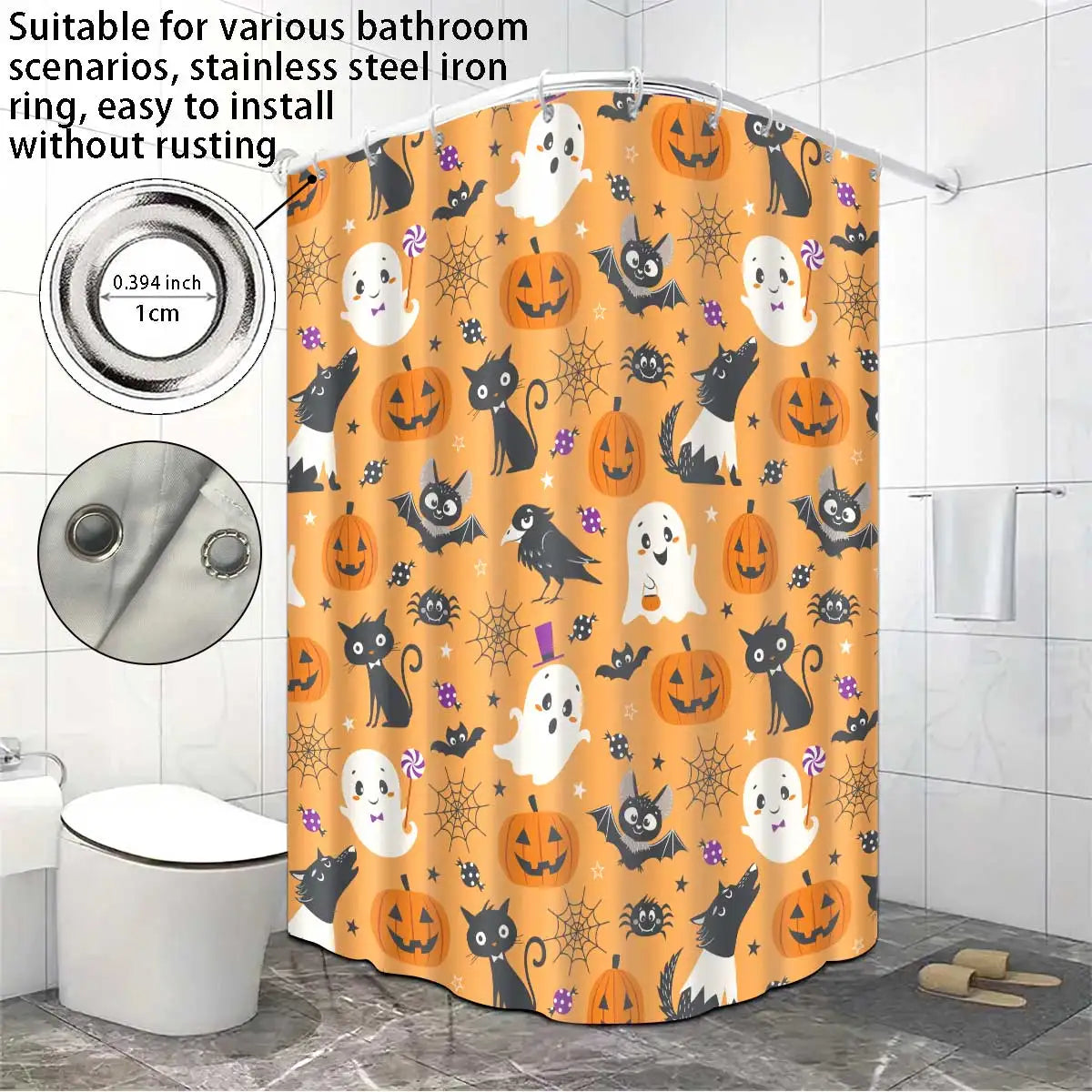 rideau douche halloween citrouilles fantômes chats araignées orange noir blanc violet 12 crochets opaques