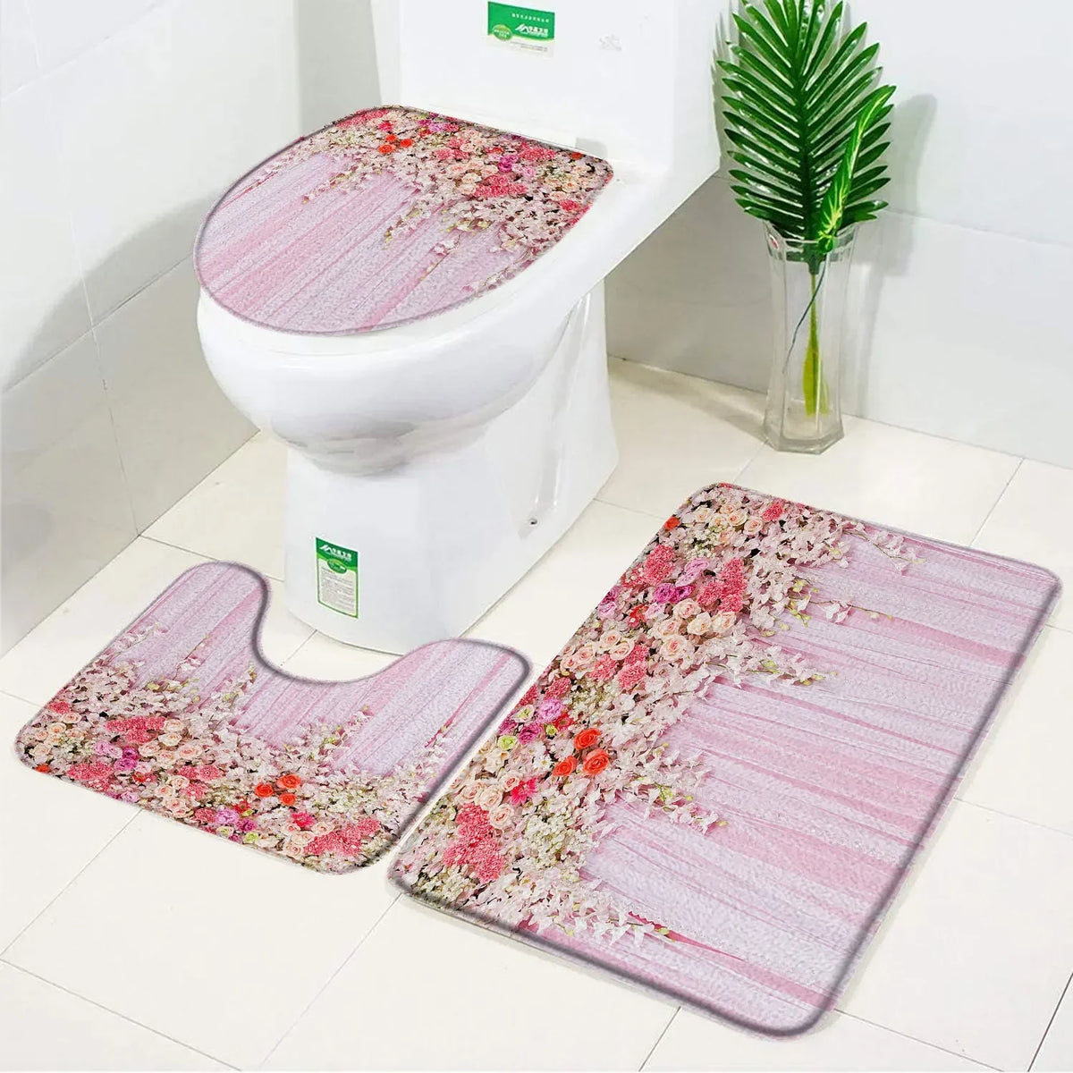 ensemble tapis bain salle bain rouge fleurs roses motif moderne coton doux décoratif