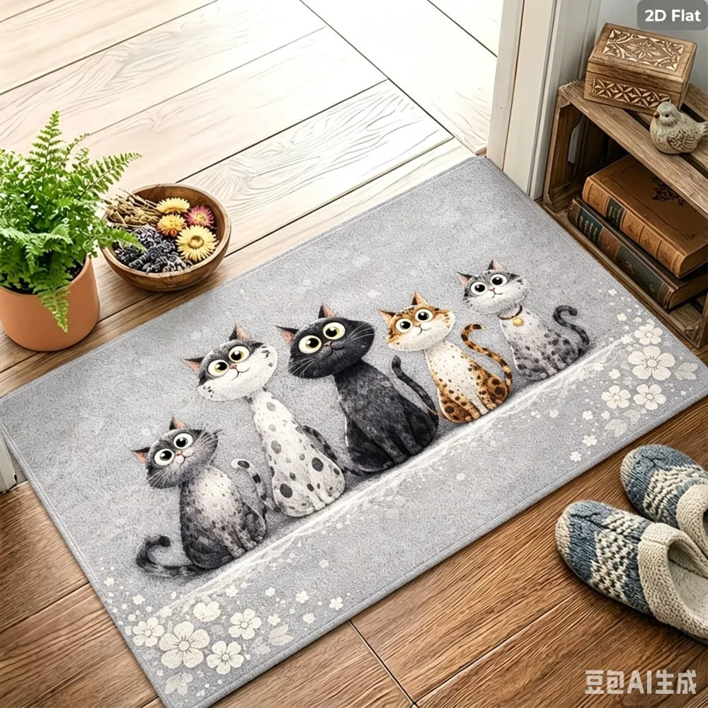 tapis moderne chats gris noir illustration fleurs bordure salon entrée 40x60cm 50x80cm résistantiauxes