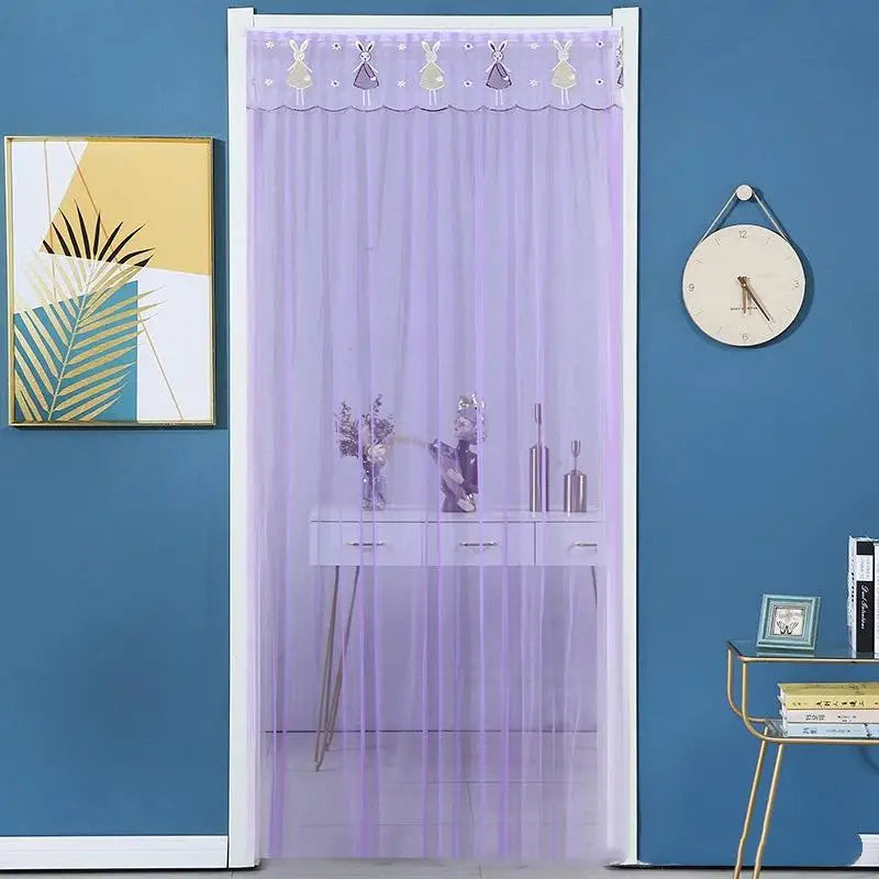rideau porte transparent motif animaux brodés couleur bleu violet blanc enfantin