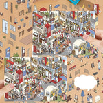 puzzle isométrique ville miniature multicolore personnages bâtiments mobilier urbain végétation panneaux publicitaires
