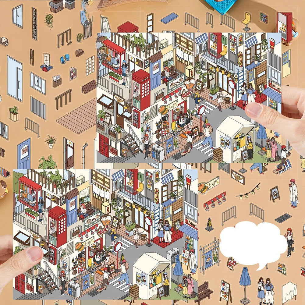 puzzle isométrique ville miniature multicolore personnages bâtiments mobilier urbain végétation panneaux publicitaires