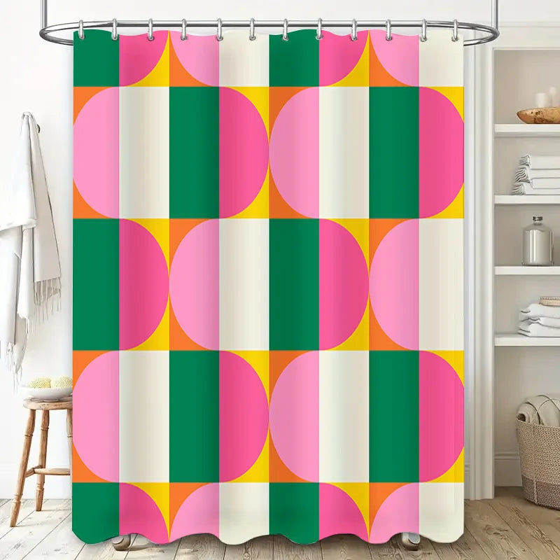 rideau douche moderne géométrique vert rose jaune blanc anneaux fixation 150x180cm