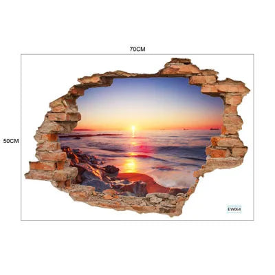 sticker mural 3d scène naturelle illusion optique adhésif multicolore coucher soleil océan planètes enfants