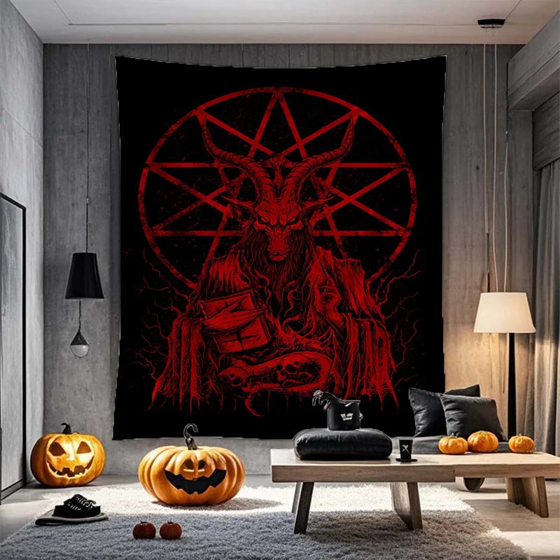 tapisserie noire rouge animal mythologique pentagramme art gothique suspension grande taille