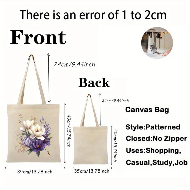 sac main toile floral beige fleurs blanches violettes respectueux environnement multifonction poignées tissu