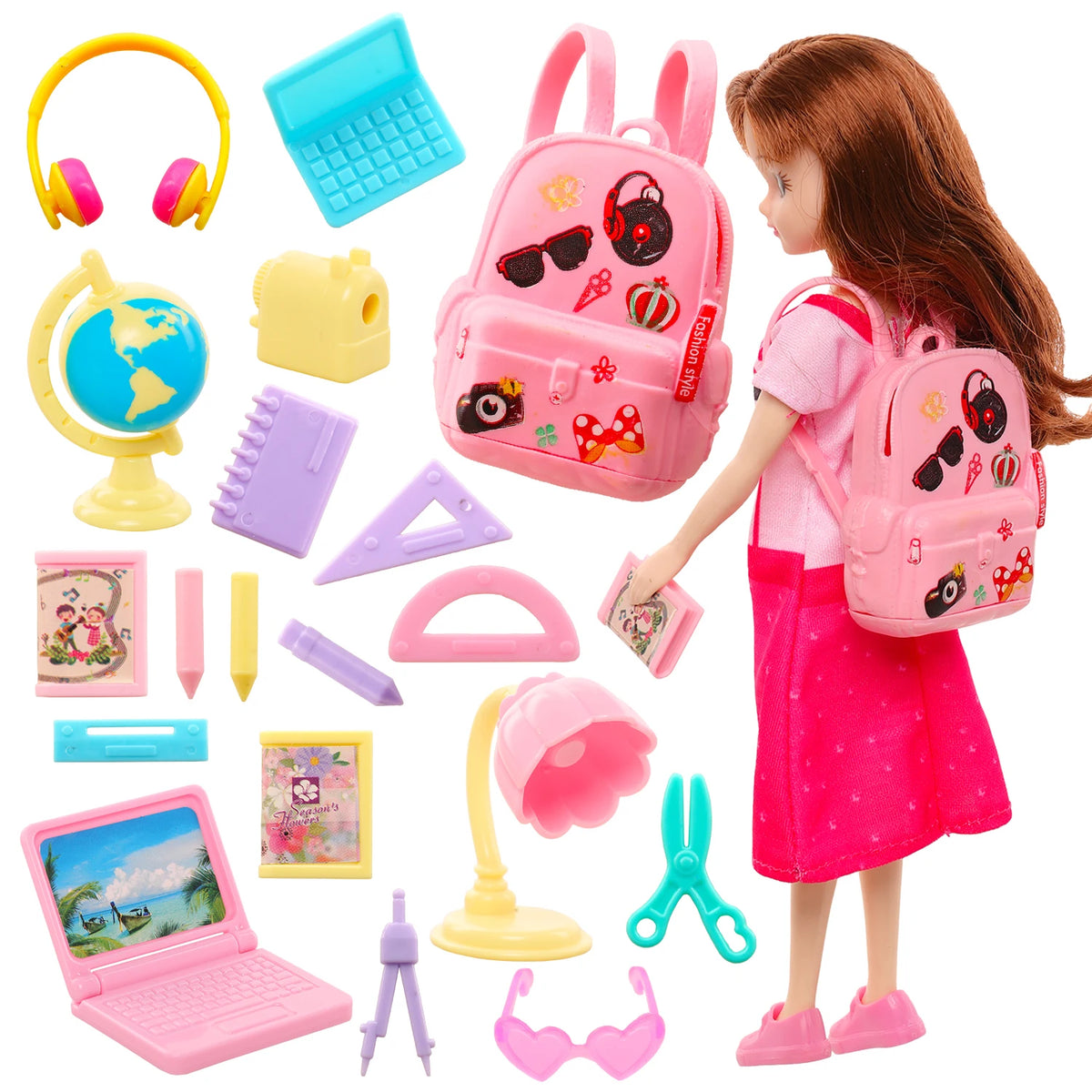 accessoires poupée sac dos rose ordinateur portable lampe globe crayon compas triangle ciseau carnet