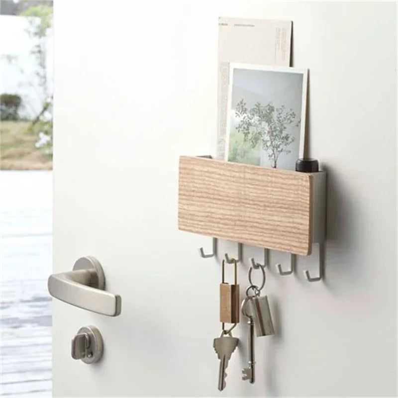 porte clés mural bois naturel moderne crochets clips adhésifs boîte stylos gris métallique