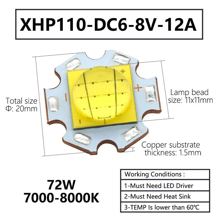 led xhp70 xhp90 xhp110 18w 24w 45w 72w cool white 7000k 8000k 50000h luminosité