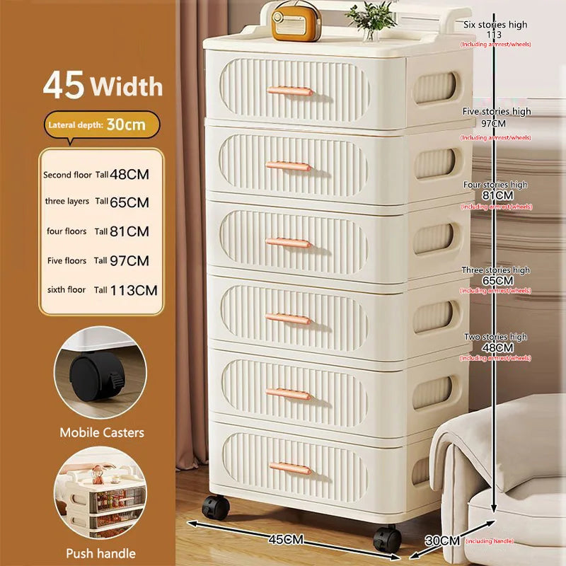 meuble rangement mobile tiroirs roulettes beige clair rayures horizontales moderne