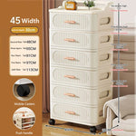 meuble rangement mobile tiroirs roulettes beige clair rayures horizontales moderne