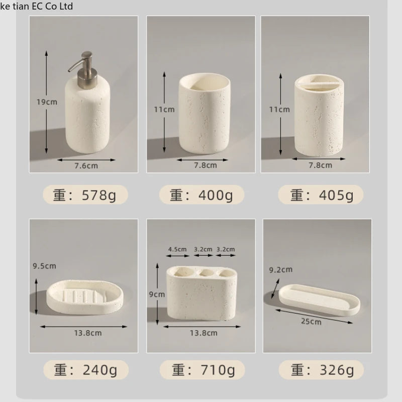 ensemble salle bain moderne brosse dents pot dentifrice distributeur savon blanc crème grain ciment