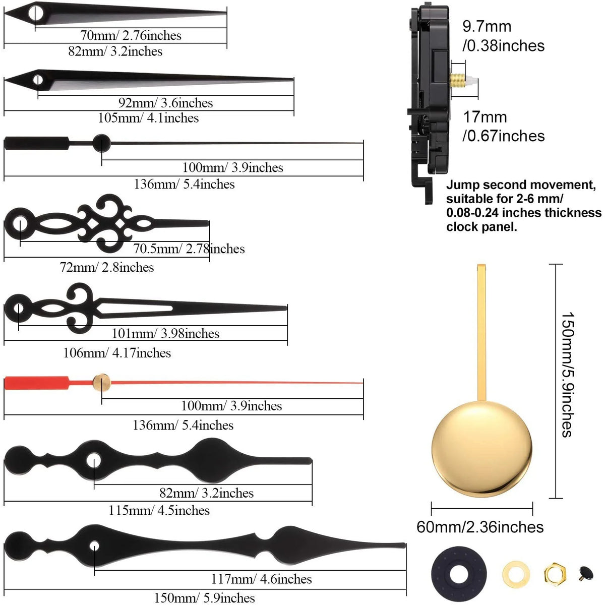 pendule quartz mouvement aiguilles or noir jump second kit accessoires horloger vintage moderne minimaliste