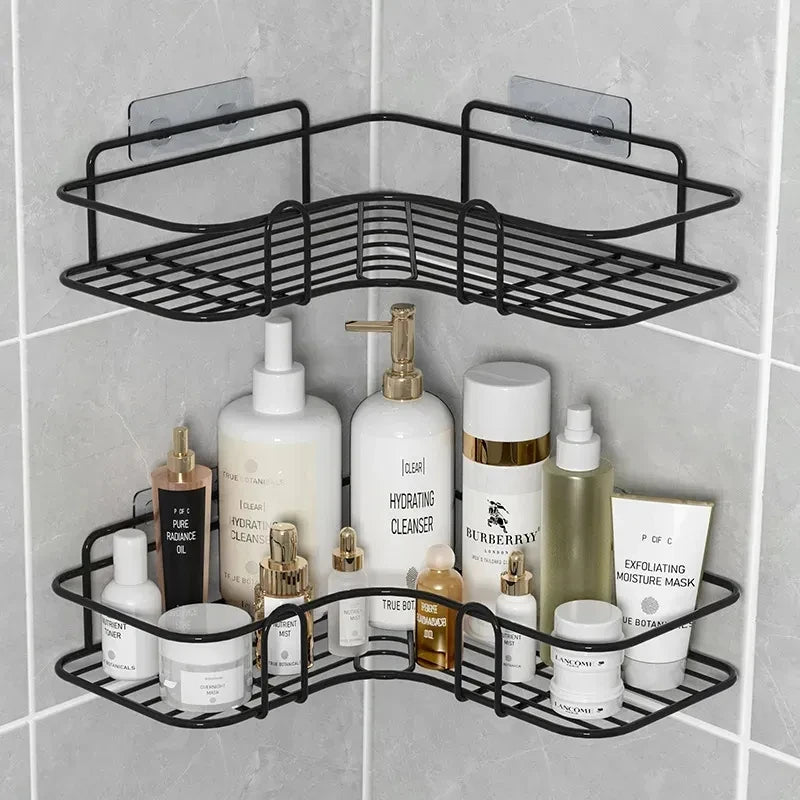 étagère salle bain moderne fer noir blanche grille métallique adhésive cosmétique rangement angle mur