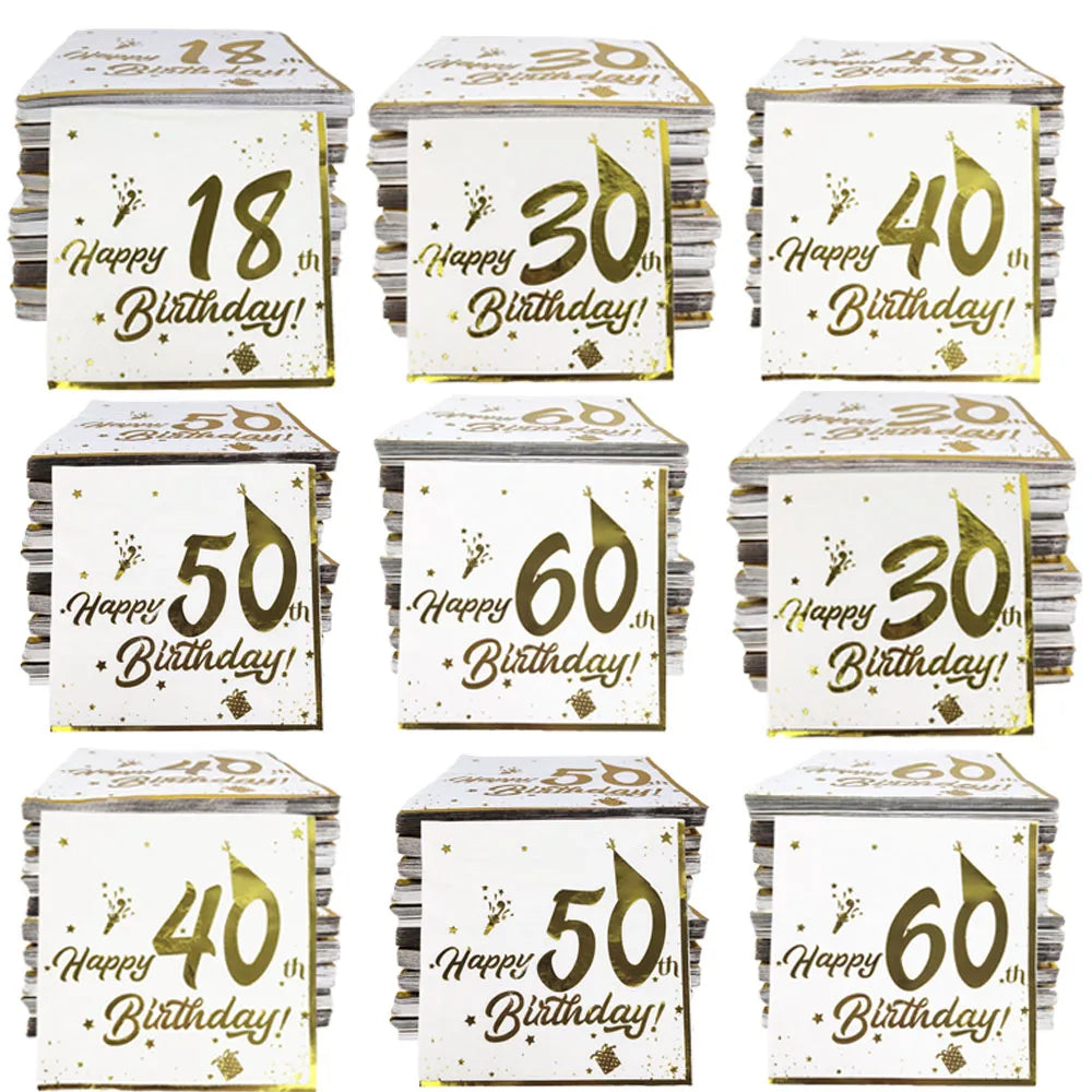 serviettes table jetables papier blanc doré happy birthday anniversaire fête décoration chic