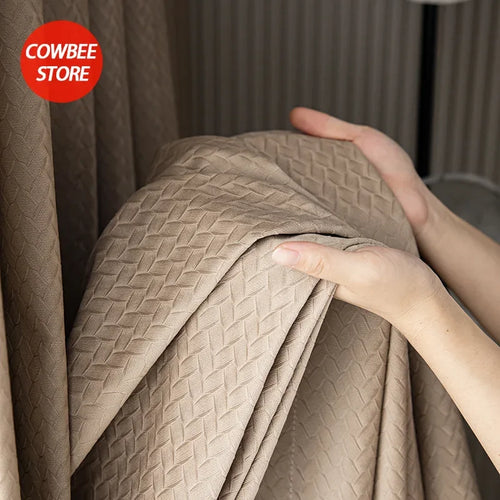 rideau moderne beige motif géométrique tissu épais opacité salon chambre fenêtre maison