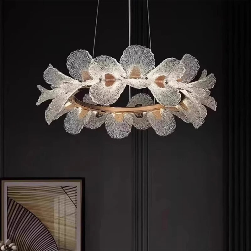 Suspension lumineuse moderne florale blanc doré LED câbles métalliques transparentes chambre salon