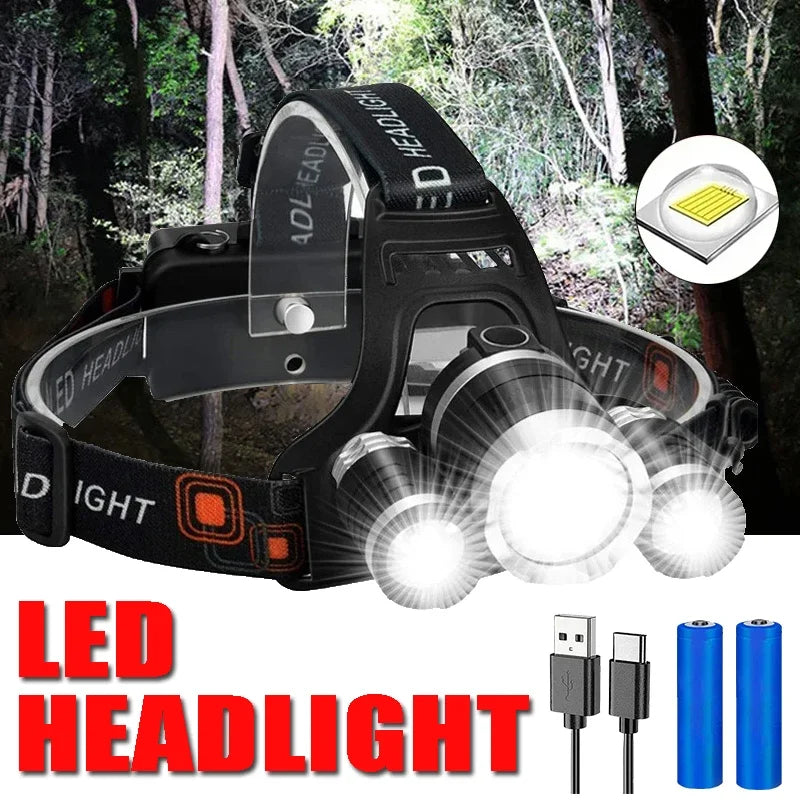 lampe frontale led noire rechargeable pêche chasse camping étanche ipx5 réglable multiples leds