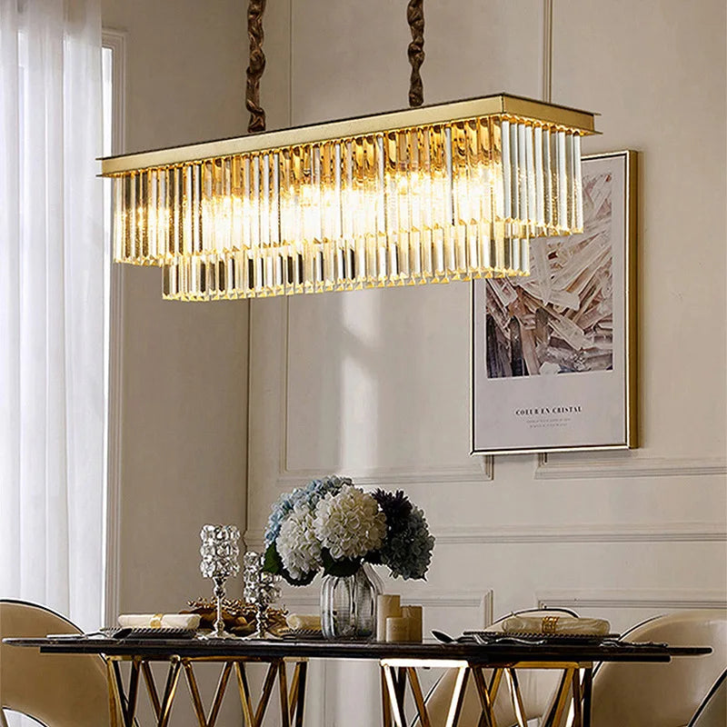 lustre moderne élégant doré transparent prismes géométriques câble led chambre salle mangerhôtel