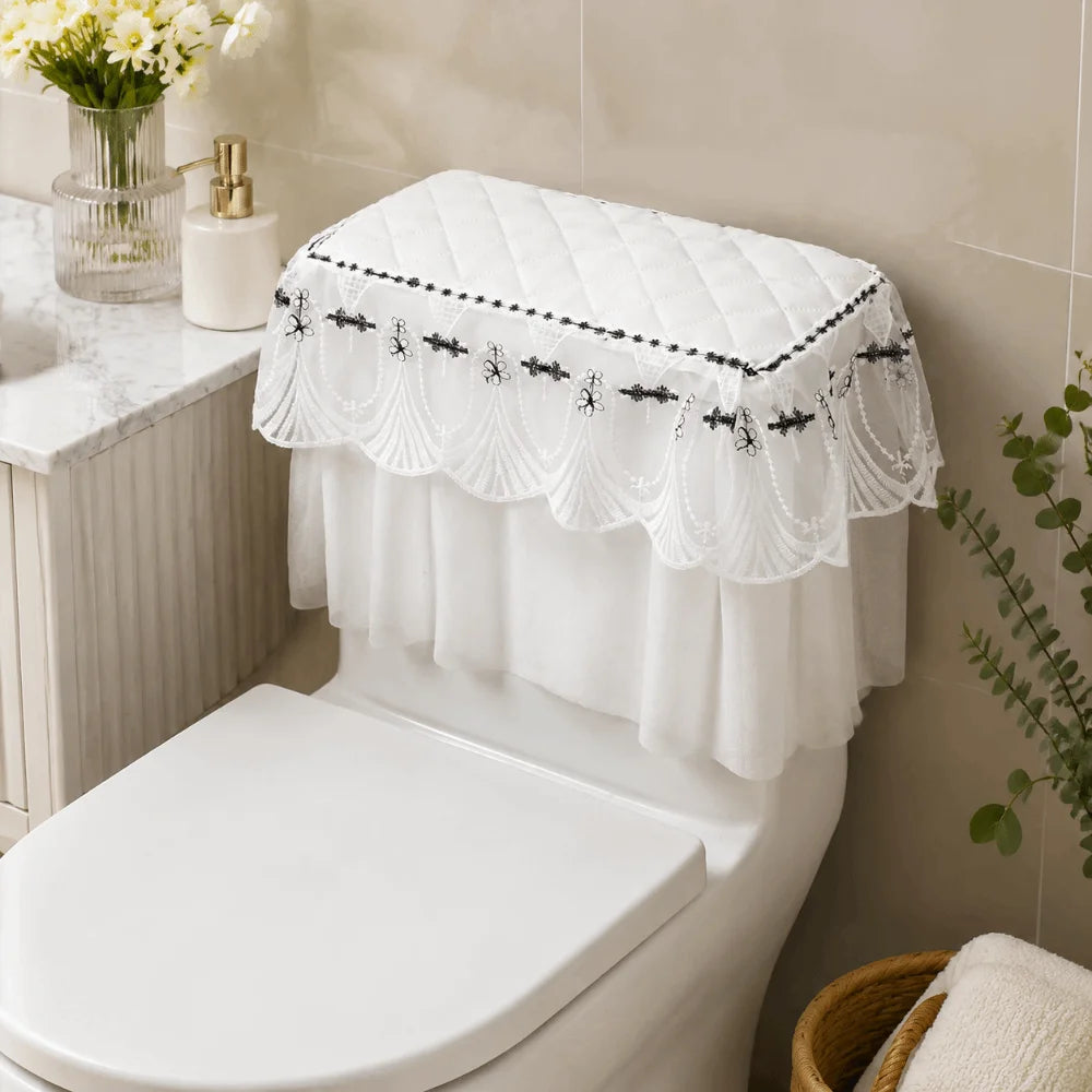 couvre seize toilette brodé bleu marine blanc élégant classique tissu épais plis franges