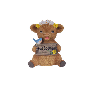 statue vache highland résine bienvenue fleurs tournesols oiseau bleu rustique extérieur jardin decoration