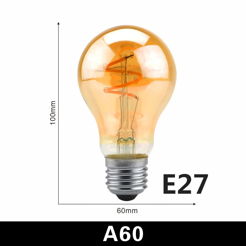 ampoules led spirale dorée retro translucides 2200k e27 4w 220v a60 c35 t45 st64