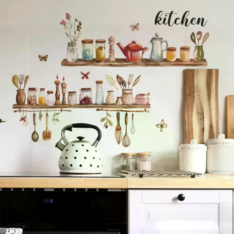 décoration murale sticker cuisine étagères bocaux ustensiles fleurs papillons aquarelle rustique