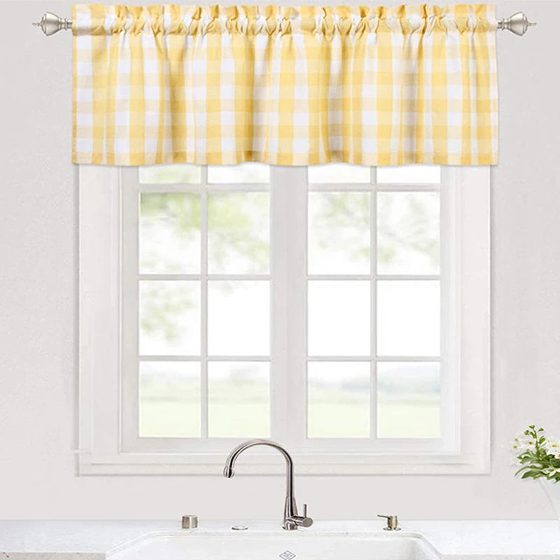 rideau jaune carreaux opacité classique anneaux métalliques fenêtre cuisine moderne polyester