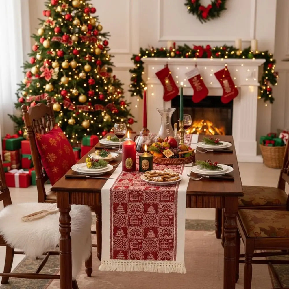table noël chemin rouge cerfs sapins étoiles traditionnelle cuisine décorative 35x120cm 35x180cm 35x240cm