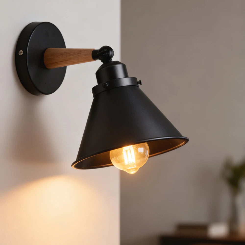 lampe murale industrielle vintage conique noire blanche bois led étude chambre salle bain entree